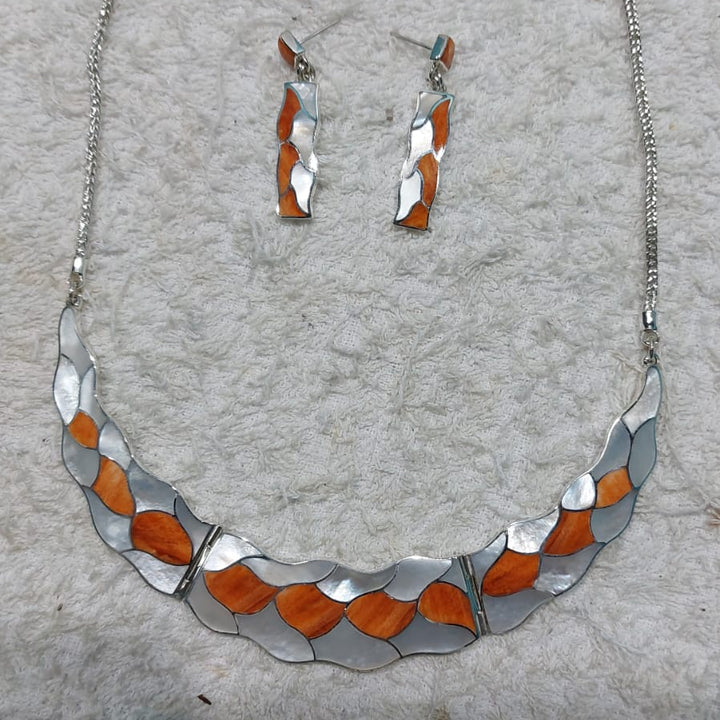 Orange Leaf Pendant and Earring Set
