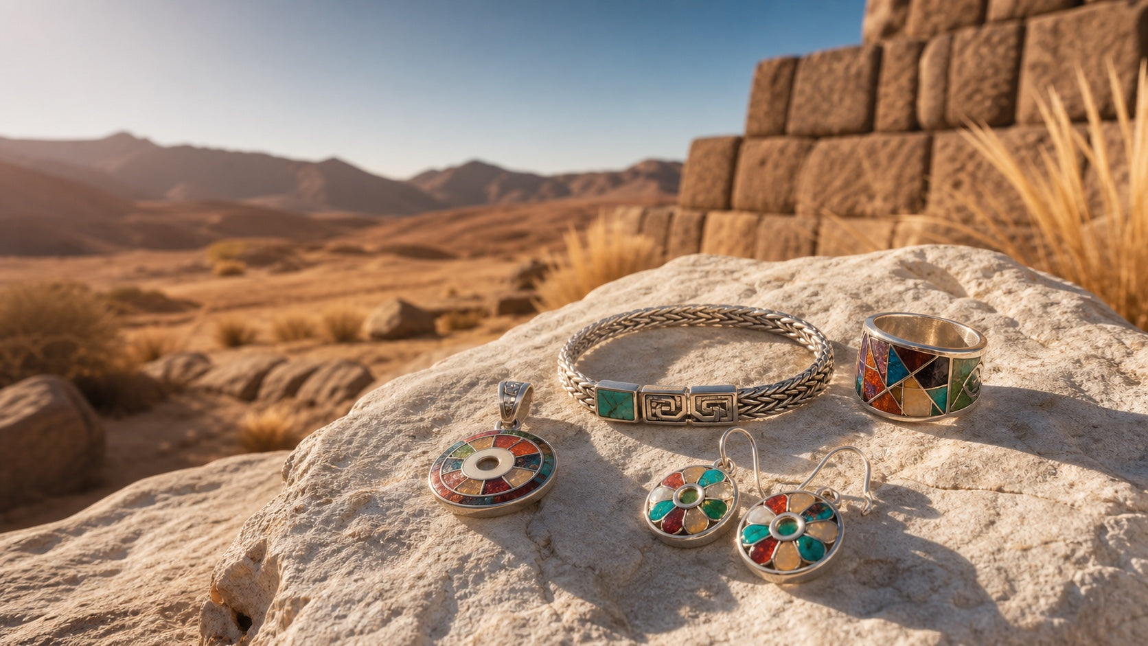 Silver jewelry on a pale stone in a desert setting